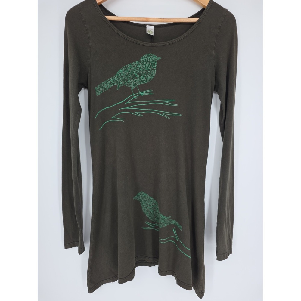 Soul Flower Dress Size S Bird Grapic Army Green Organic Cotton Boho Grunge